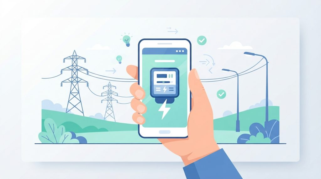 Mano sosteniendo un telefono que muestra un medidor electrico digital para consultar el saldo de luz con Corpoelec